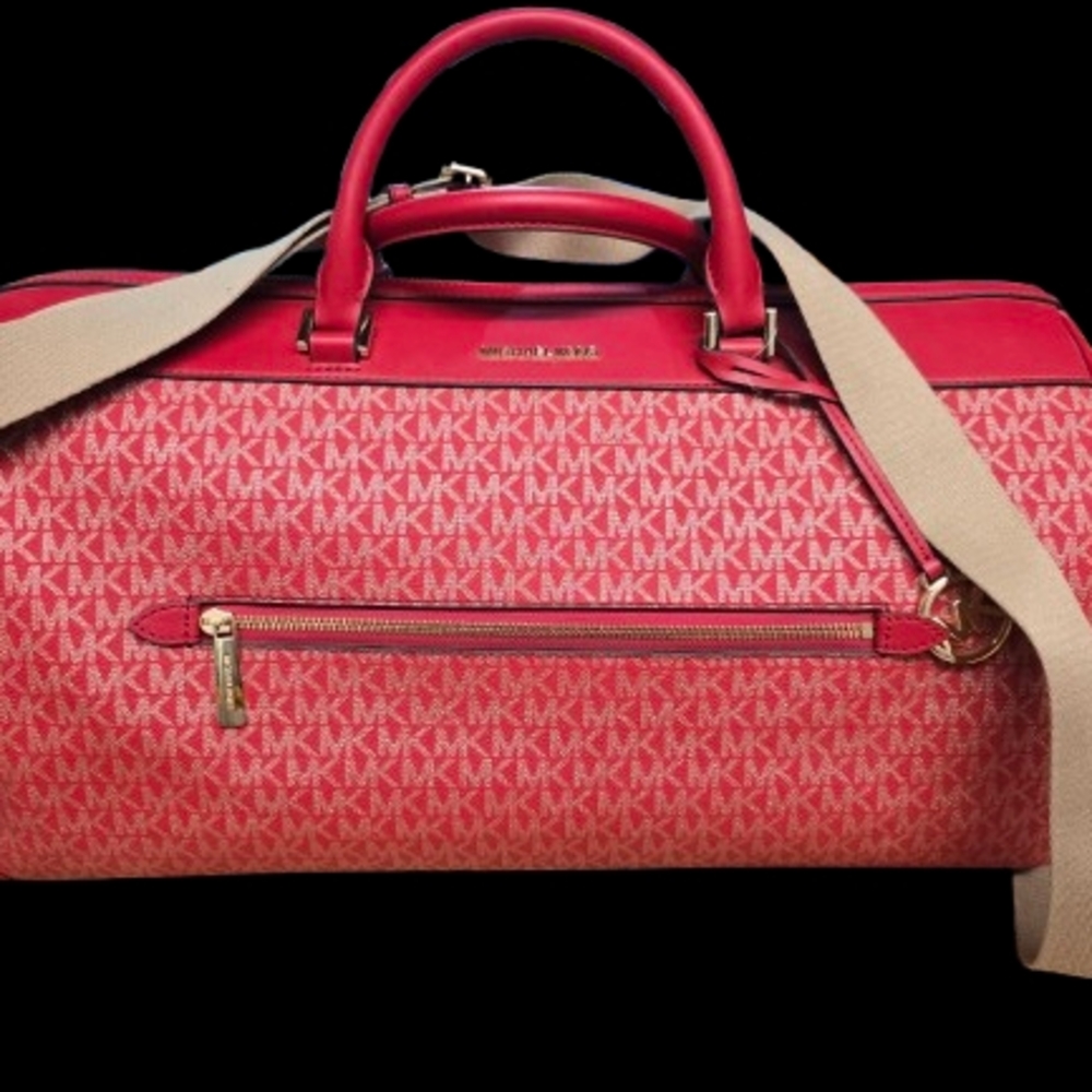 Michael Kors Red, Gold and Tan Travel Bag with Monogram Design